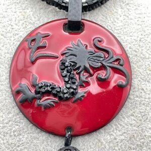 Chico’s Red Black Dragon Pendant Necklace Multi Strand Beaded Tassel